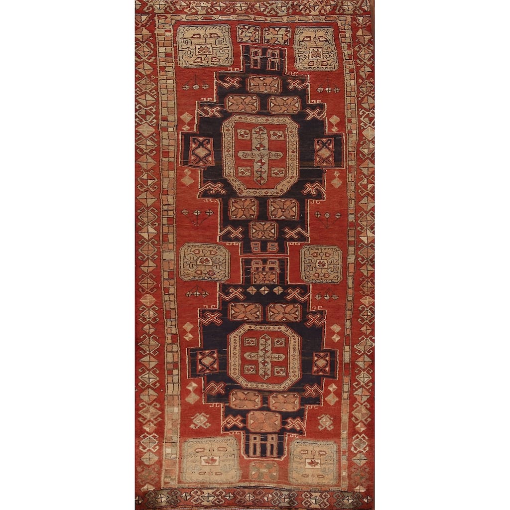 Geometric Ardebil Persian Vintage Runner Rug Hand-Knotted Wool Carpet - 4'4"x 10'3"