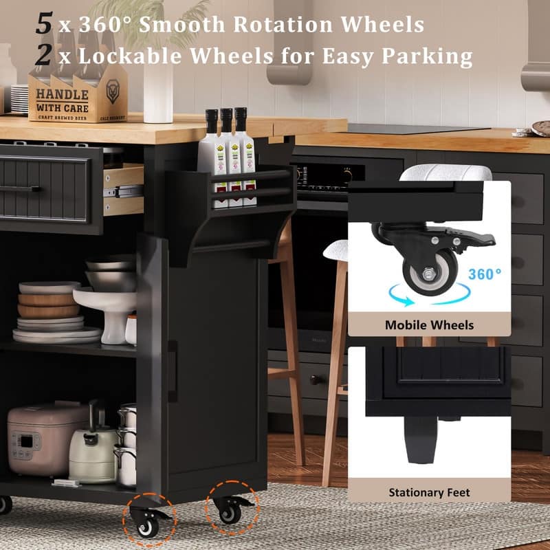 56.5" Kitchen Island with Drop Leaf and Charging Station, Rolling Kitchen Cart on Wheels with Drawers and Adjustable Shelves