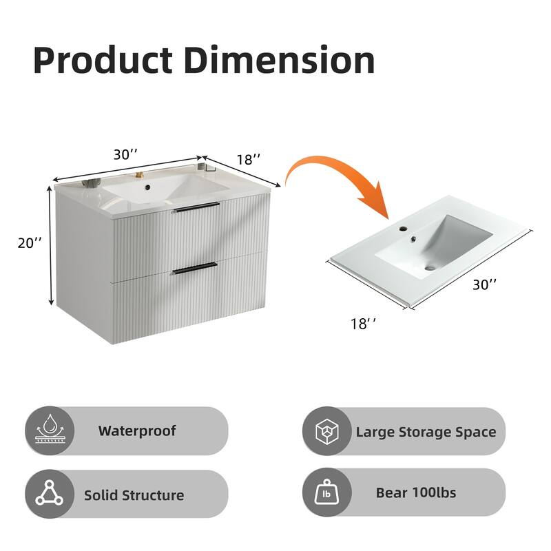 30 Inch Floating Bathroom Vanity with Ceramic Sink, Wall Mounted Fluted Cabinet with Drawers, Modern MDF Design