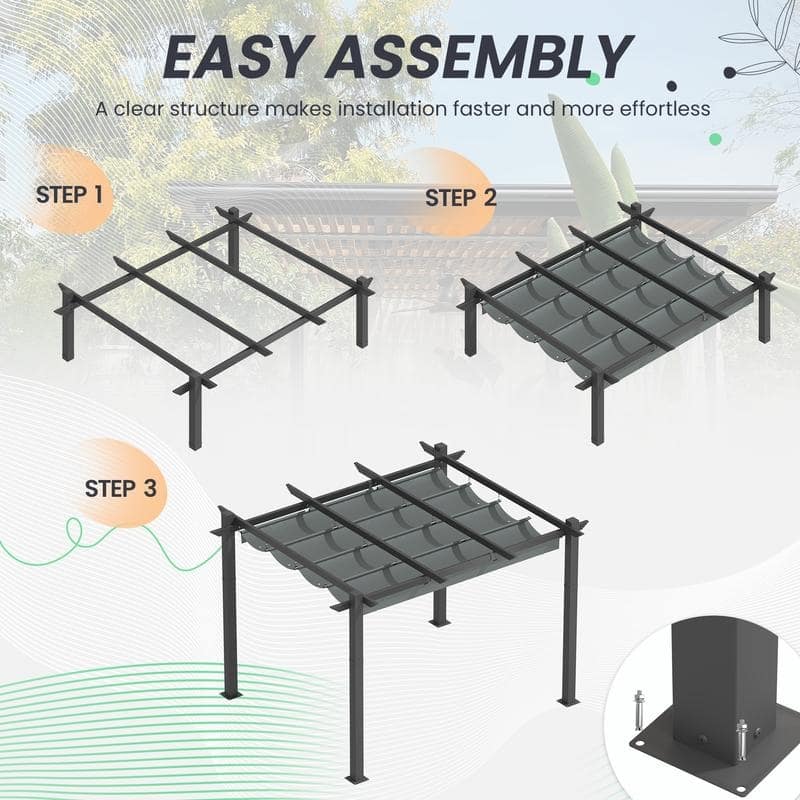 EROMMY 10' x 13' Outdoor Pergola with Retractable Canopy, Heavy-Duty Metal Frame and Adjustable Patio Shade Roof