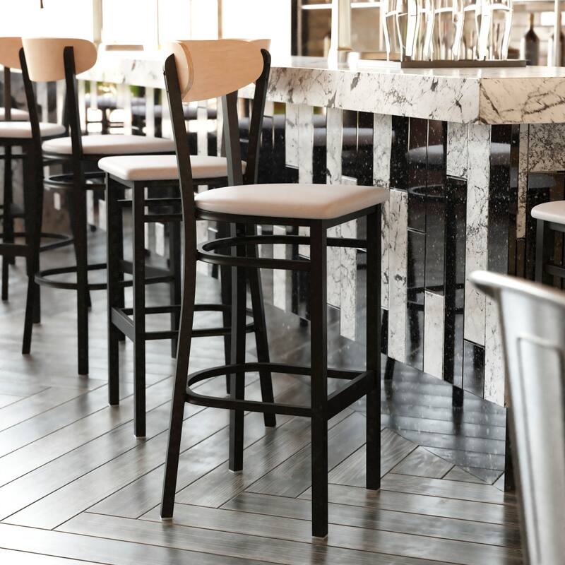 Commercial Metal Barstool with Wood Seat and Boomerang Back