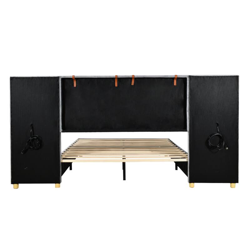 Upholstered Platform Bed with Two Bedside Pillows, Two Outlets and USB Charging Ports