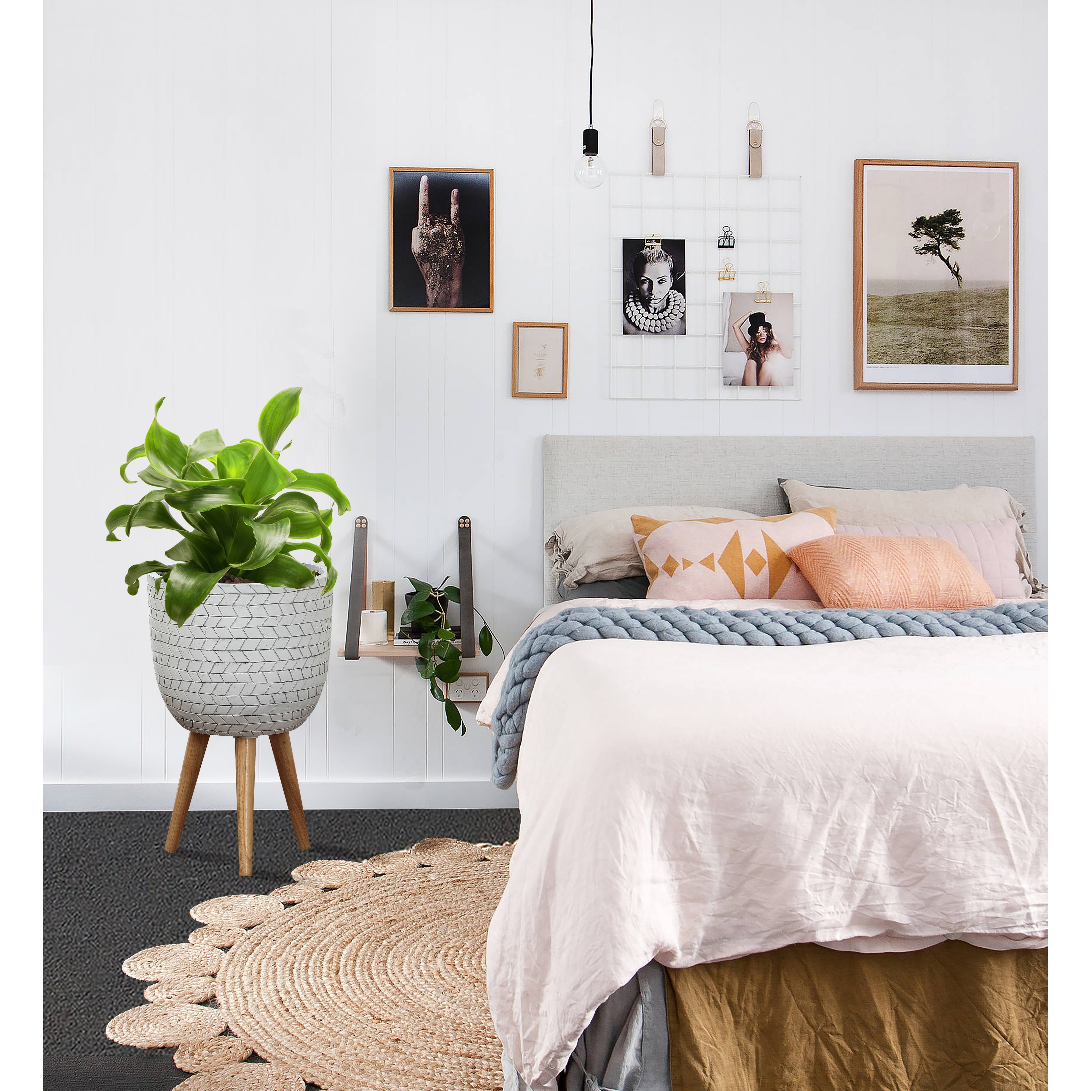 Cube Design White Round MgO Planter with Wood Legs