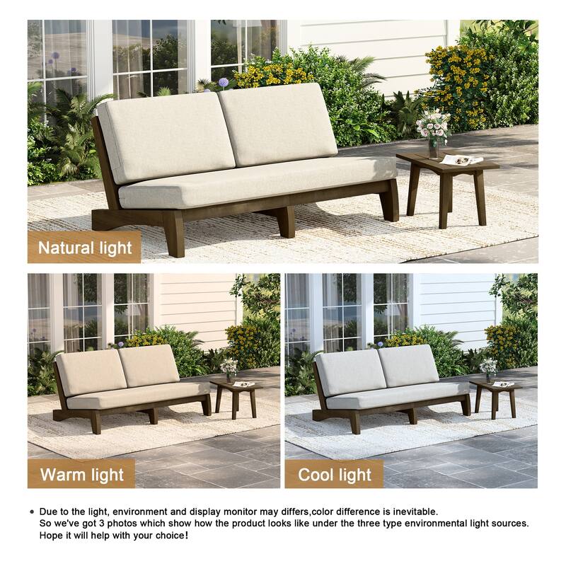 2-Piece Casual Teak Outdoor Patio Sofa Set with Side Table