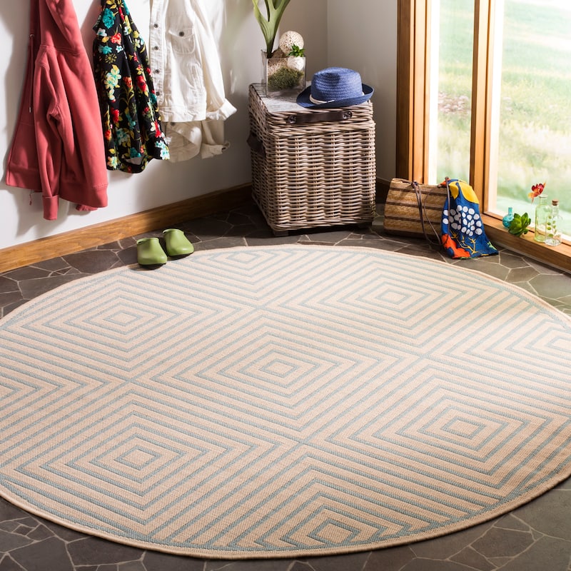 SAFAVIEH Linden Loris Indoor/ Outdoor Waterproof Patio Backyard Rug - 6'7" Round - Cream/Aqua
