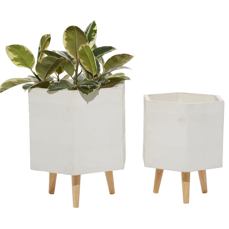 Magnesium Oxide Indoor Outdoor Planter with Wood Legs - Set of 2 White, Dark Gray - Roche River Decor - White