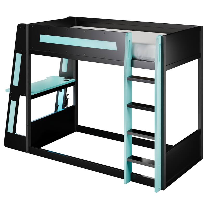 Gaming Bunk Bed with Computer Desk, Storage Shelves, USB Port and LED Strip Lighting, Esports Design, Wooden Gaming Bed