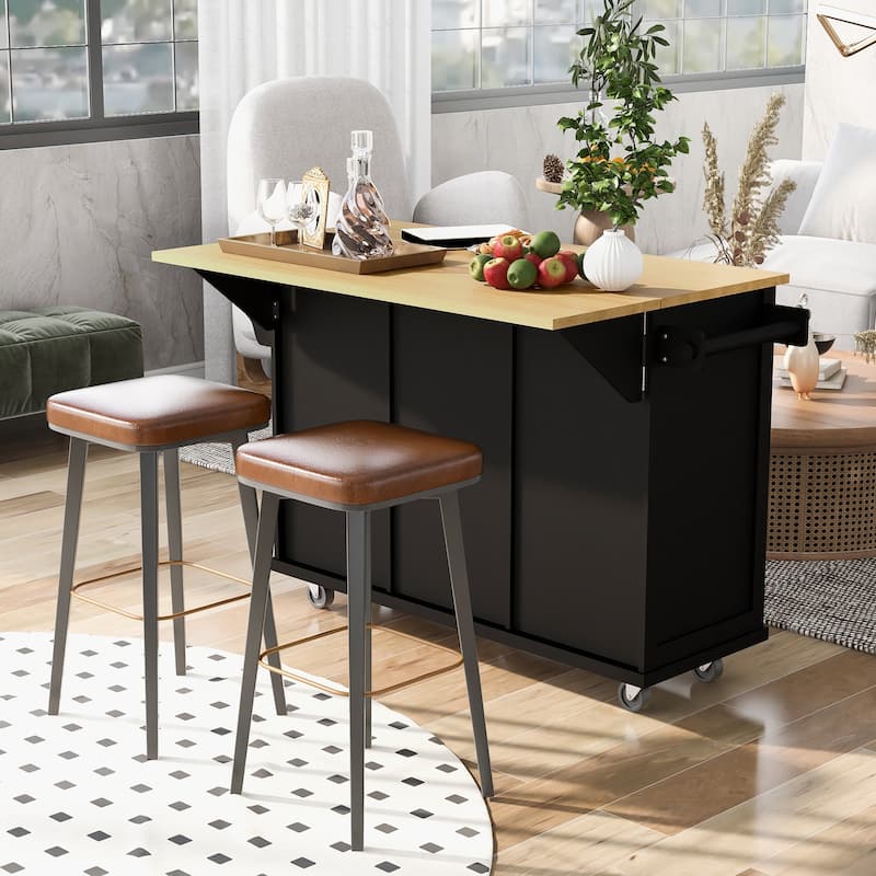 53 in. Rubber Wood Drop-Leaf Countertop Kitchen Island on 5 Wheels with Storage Cabinet and 3 Drawers - 53''