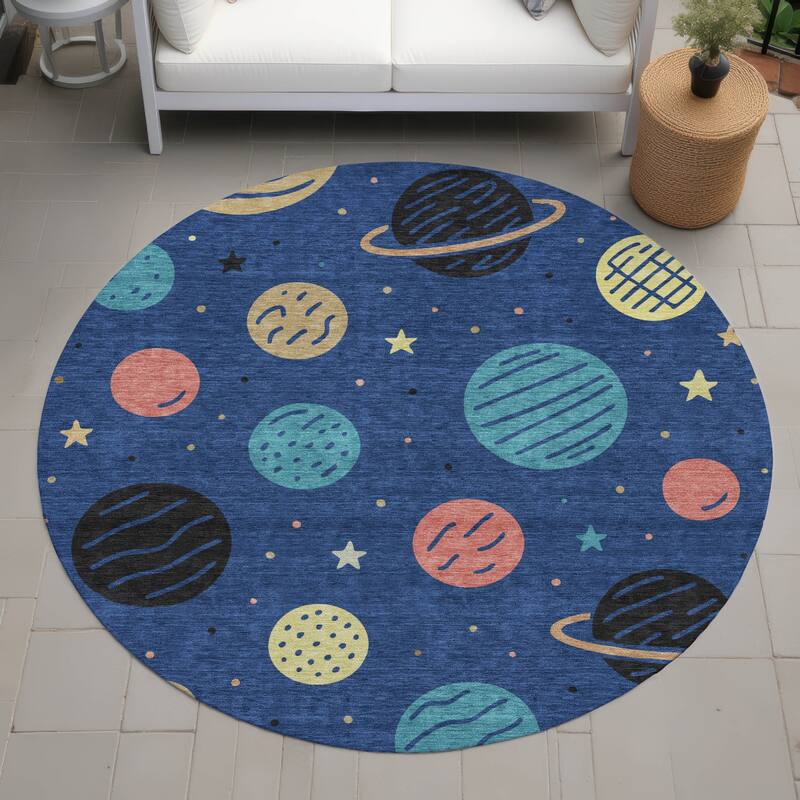 Machine Washable Indoor/ Outdoor Modern Planets Chantille Rug - Baltic - 8' x 8'
