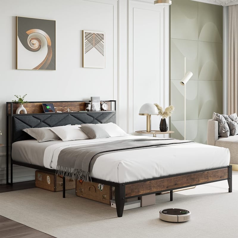 Upholstered Headboard with Charging Station and Storage Shelf - Grey1 - Full