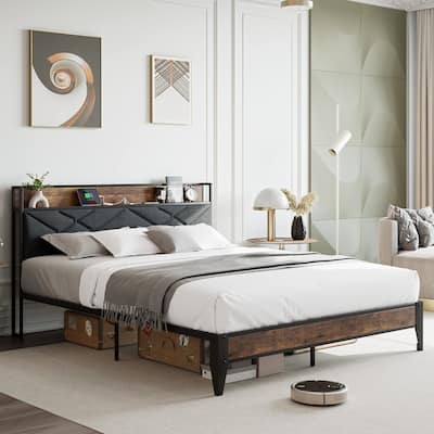 Upholstered Headboard with Charging Station and Storage Shelf