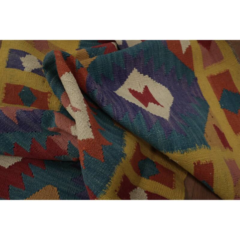 Hand Woven Oriental 100% Wool Carpet Southwestern Geometric Navy Blue & Blues Kilim Runner Rug - 12' 9'' X 3' 6''