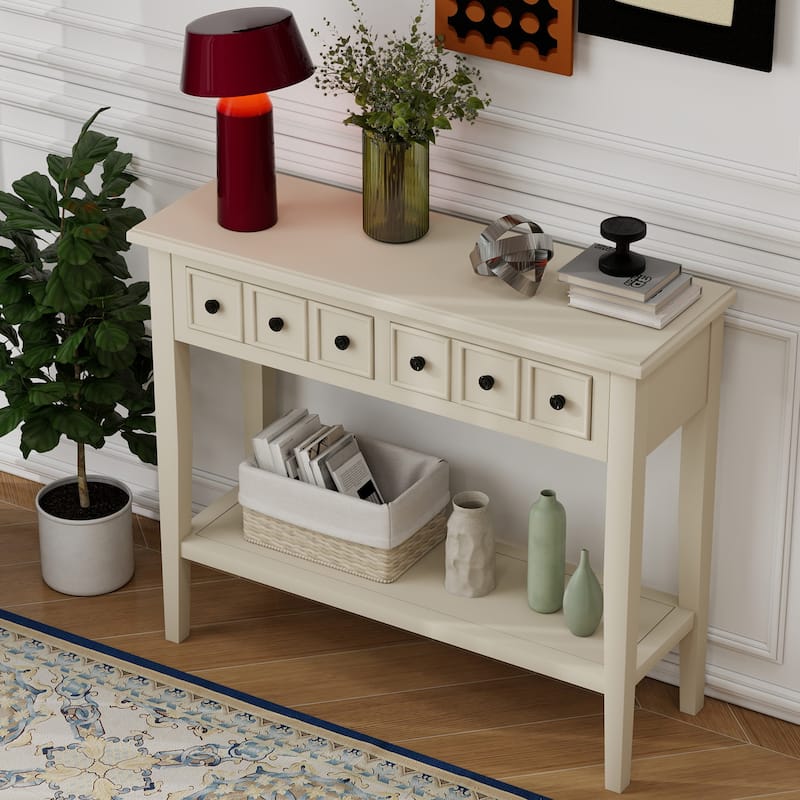 38.2" Living Room Entryway Sofa Table with Rubber Wood Legs, Versatile Storage Console Table with 2 Drawers and Open Shelf