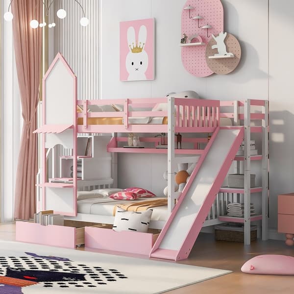 slide 2 of 8, Full-Over-Full Castle Shaped Bunk Bed with 2 Drawers, 3 Shelves, Storage Staircase & Slide, Solid Wood Slat Support, for Kids Pink Tale