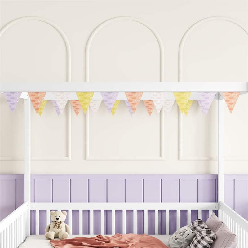 Full Size Canopy Frame Floor Bed with Fence,Guardrails