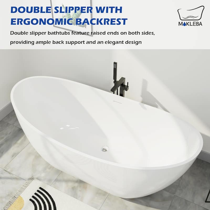 Mokleba 67" Freestanding Acrylic Bathtub Modern Stand Soaking Tub with Overflow & Polished Chrome Pop-up Drain