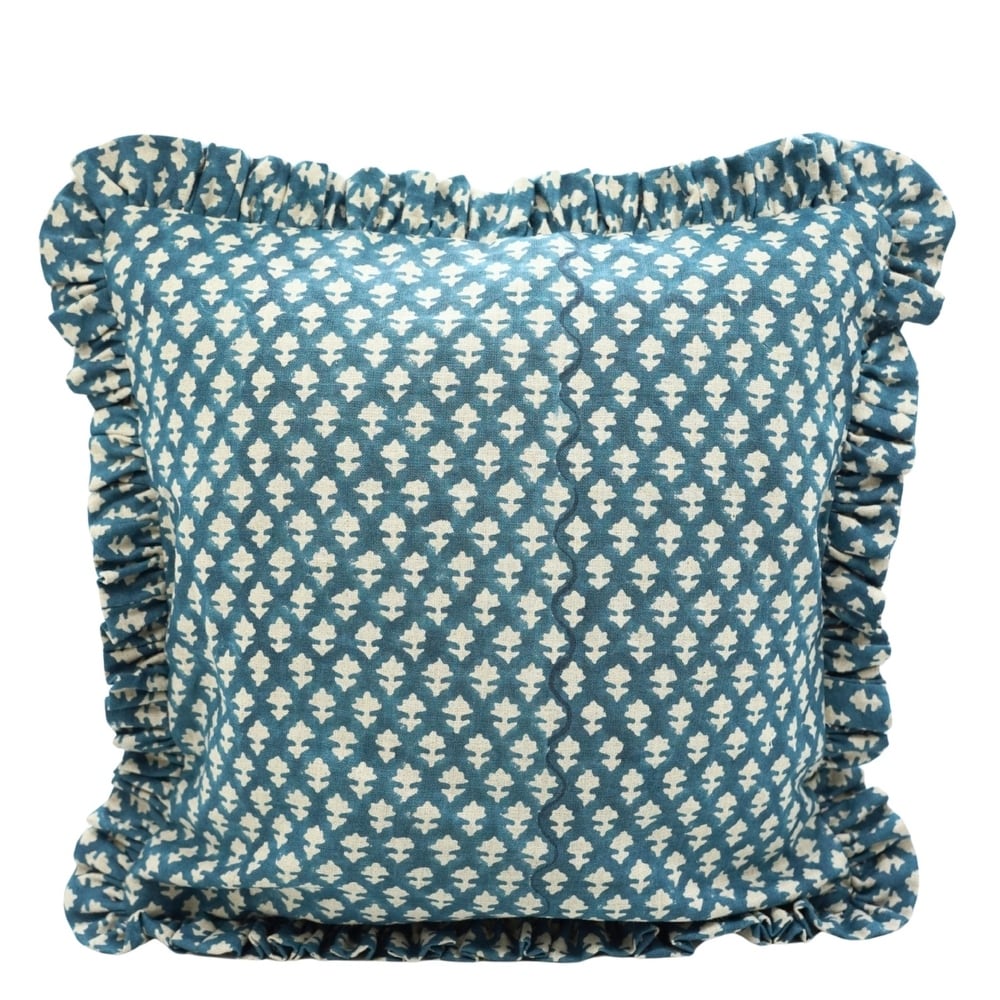 Fabdivine Handmade Block Print Floral Frill Both Side Soft Boho Pure Linen Pillow Cover