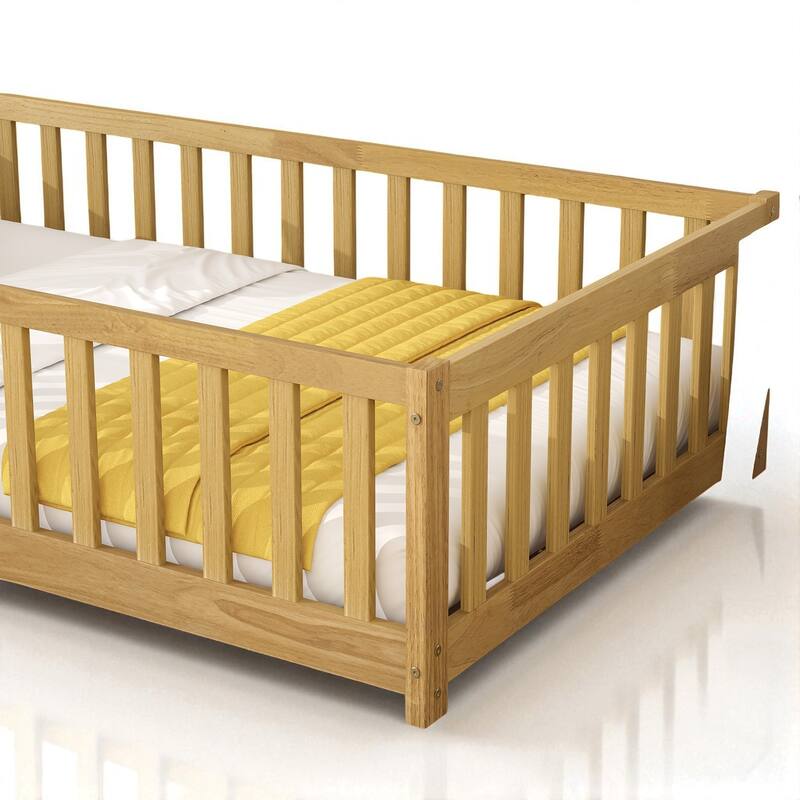 Twin Size Floor Bed with Fence and Door, Rubber Wood Frame with Safety Guardrails