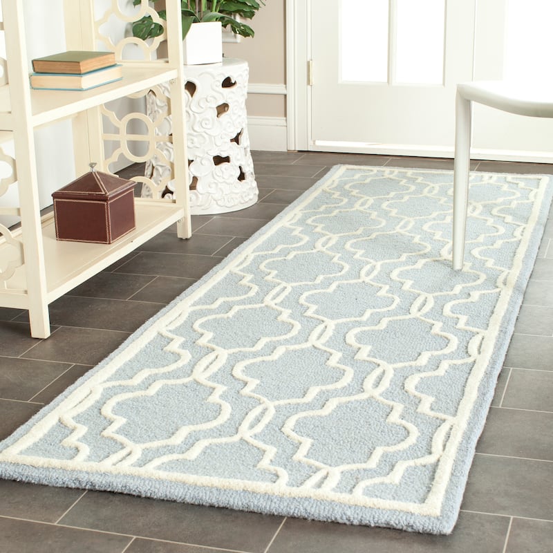 SAFAVIEH Handmade Cambridge Philine Geometric Wool Rug - 2'6" x 12' Runner - Light Blue/Ivory
