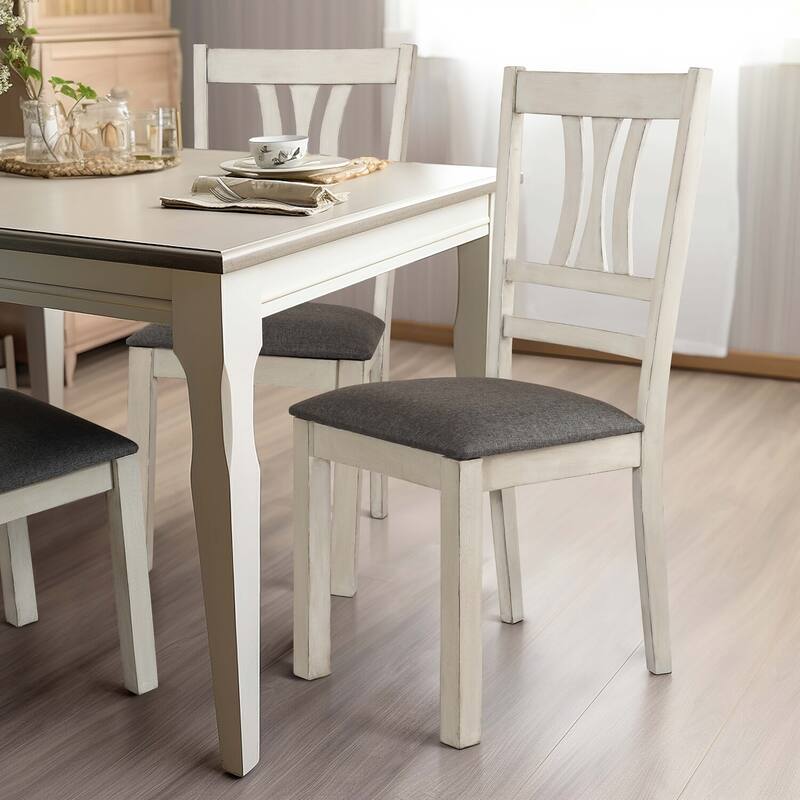 Modern Dining Chairs - Set of 2 - Distressed Off White - Rubberwood Frame - Comfortable Upholstered Seat