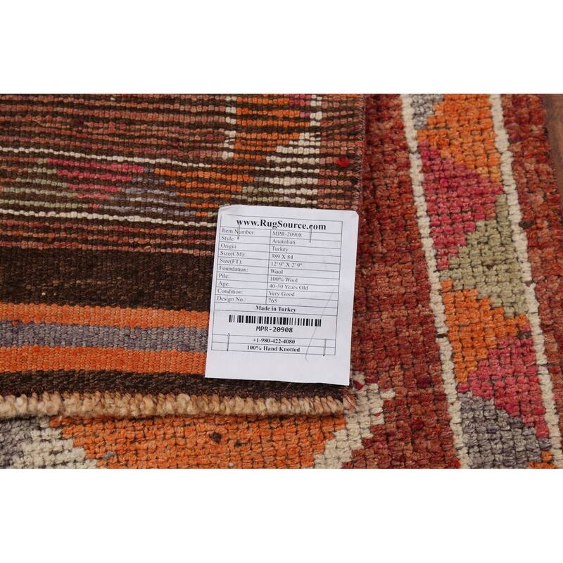 Orange Anatolian Turkish Vintage Runner Rug Hand-Knotted Wool Carpet - 2'9"x 12'9"