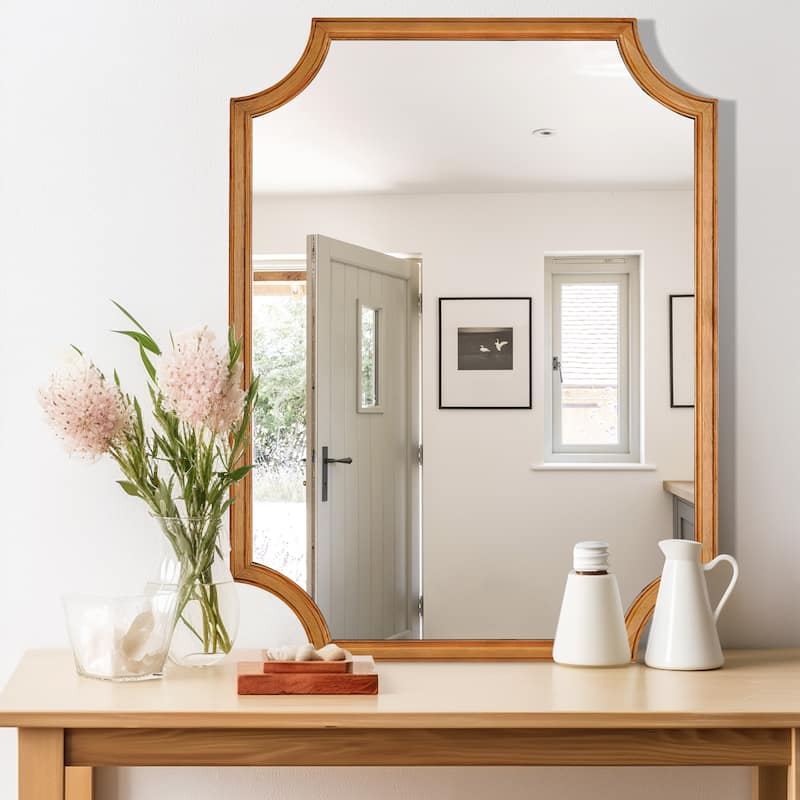 Full Scalloped Corners Arch Farmhouse Style Rectangle Wall Mirror with Wood Frame - 20" x 30" - Light Brown