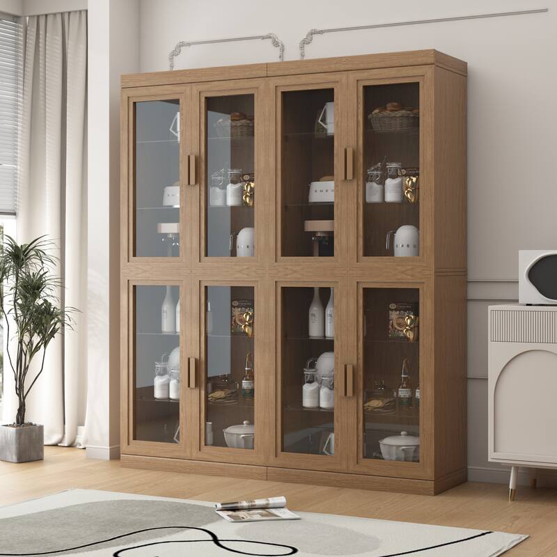 Wood Bookshelf Storage Cabinet with 2 Glass Door and Adjustable Shelf for Kitchen Bedroom Entryway Living Room Dinning Room