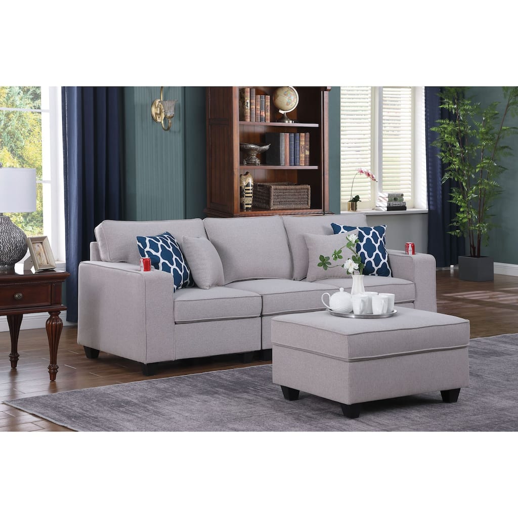 Linen Upholstered Sofa with Ottoman in Light Gray