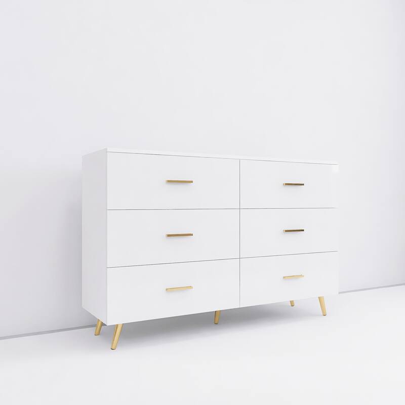 Modern High-Gloss Dressing Table, Lockers with 6 Large Drawers and Anti-Tipping Design, for Bedroom, White