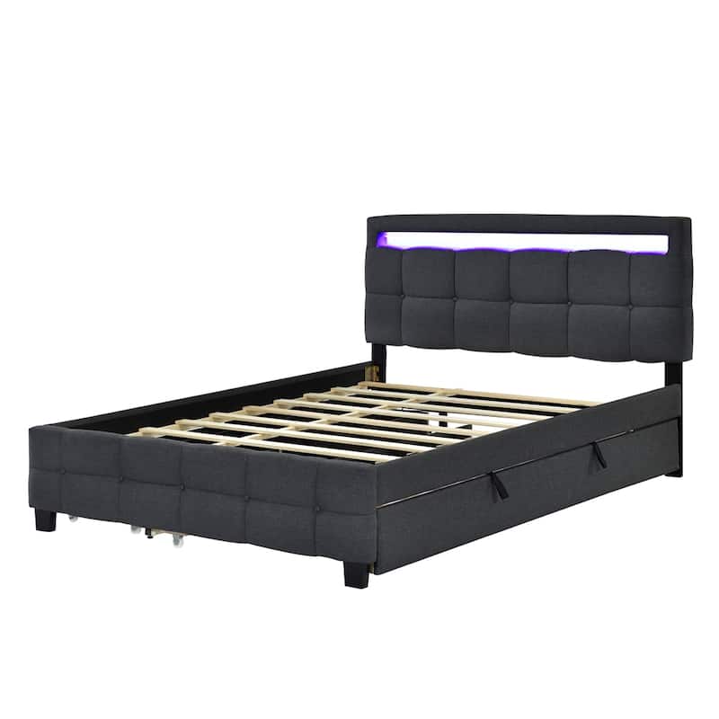 Queen Size Upholstered Platform Bed w/ LED Frame, Twin XL Size Trundle