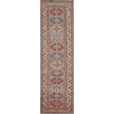 Light Blue Kazak Runner Rug Handmade Oriental Wool Carpet - 2'9" x 12'3"