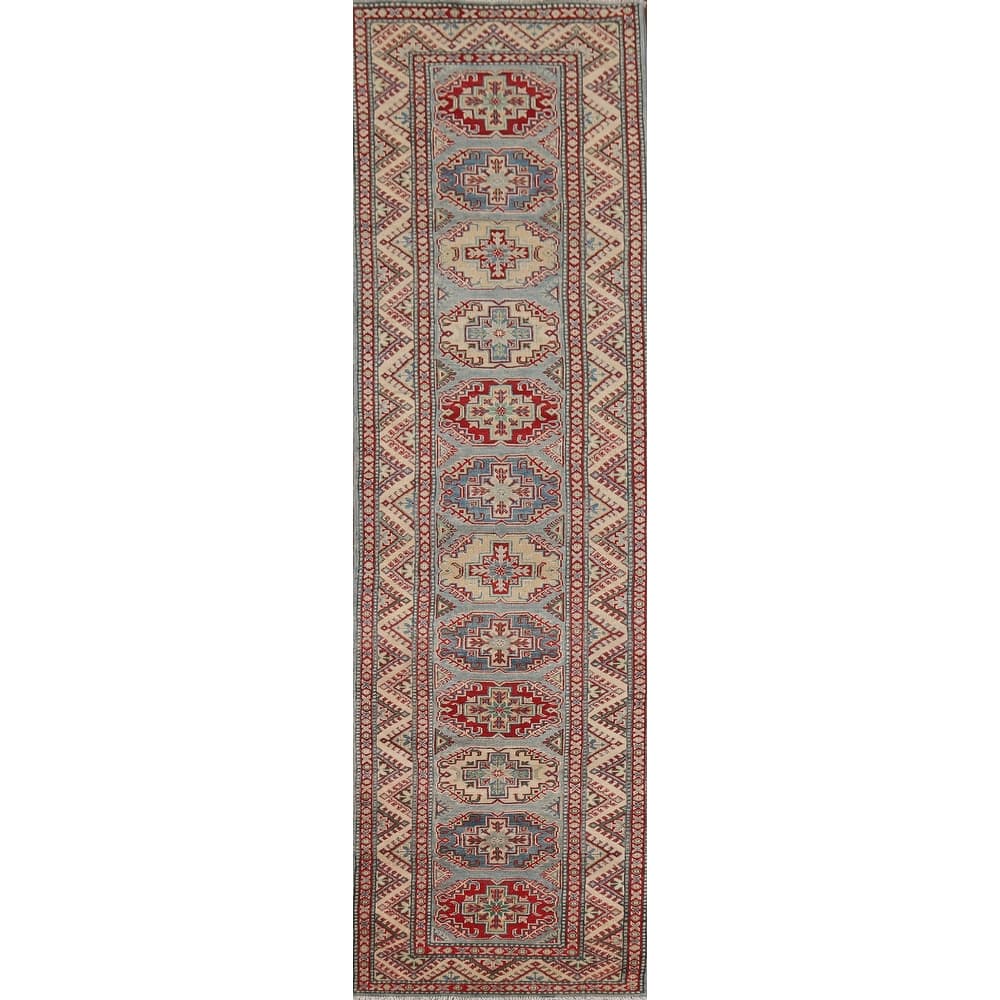 Light Blue Kazak Runner Rug Handmade Oriental Wool Carpet - 2'9" x 12'3"