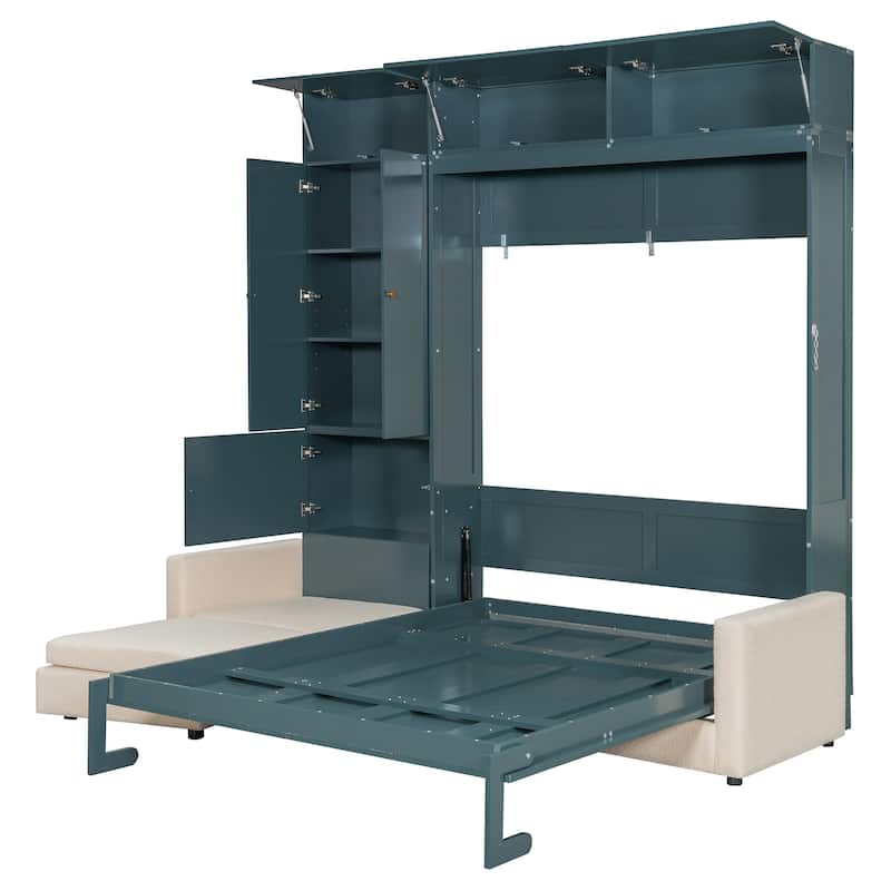 Queen-Size Convertible Murphy Wall Bed with Built-In L-Shaped Sofa & Storage Cabinet System by Harper&Bright Designs