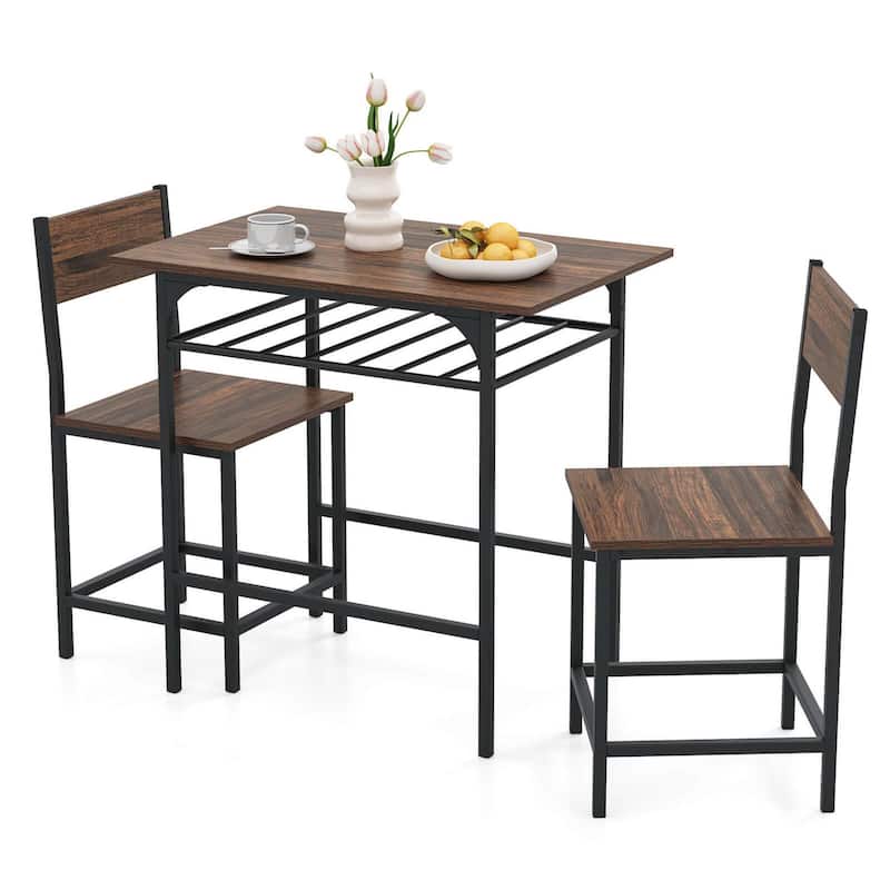 3PCS Dining Table Set Industrial Breakfast Nook Table Set w/ Wine Rack - Brown