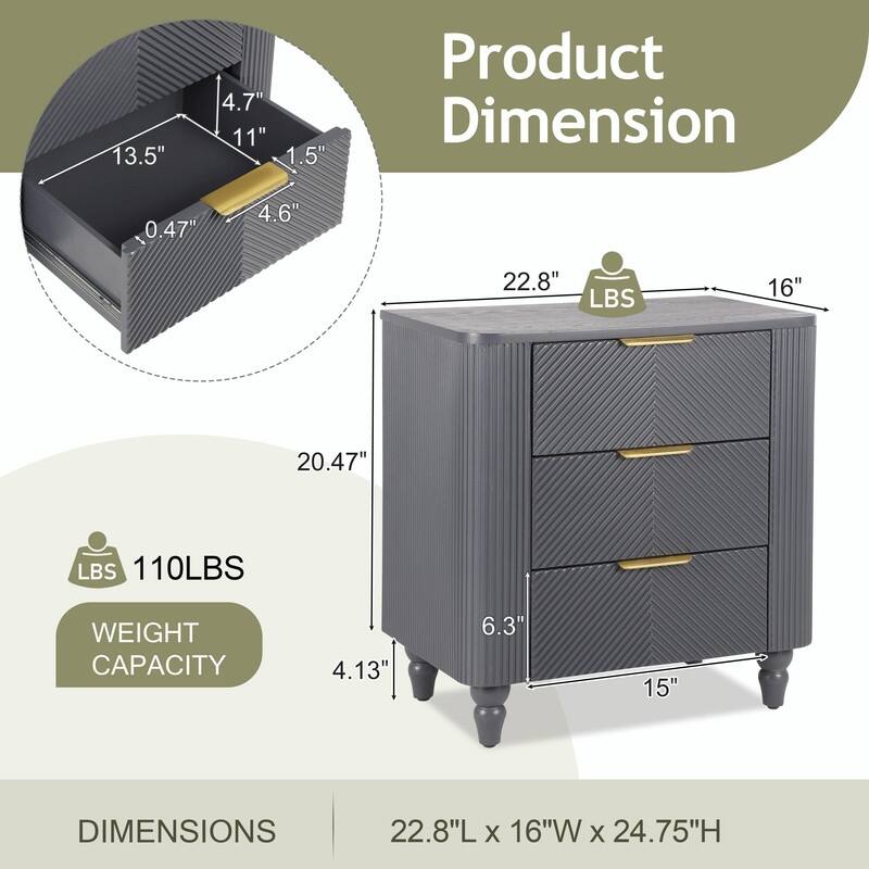 Mid-Century Fluted 3-Drawer Nightstand with Curved Design and Gold Handles
