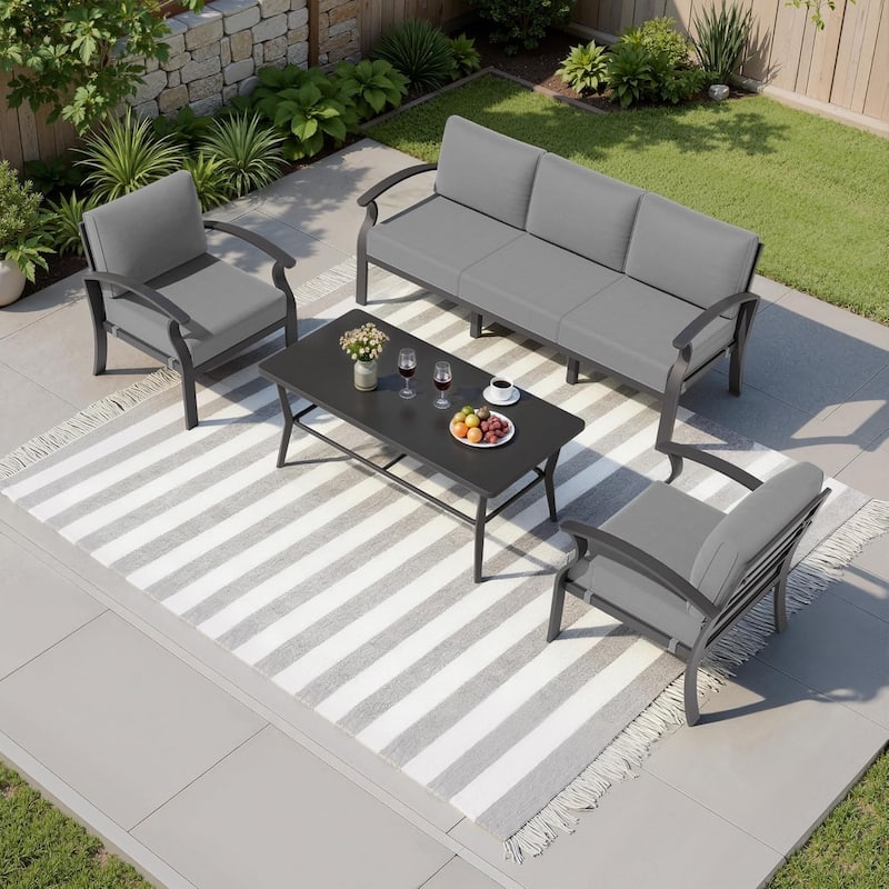 Kullavik Aluminum Outdoor Patio Sectional Sofa Set with Swivel Rocking Chairs and Coffee Table - Grey - 5-Seats-Rectangular Table