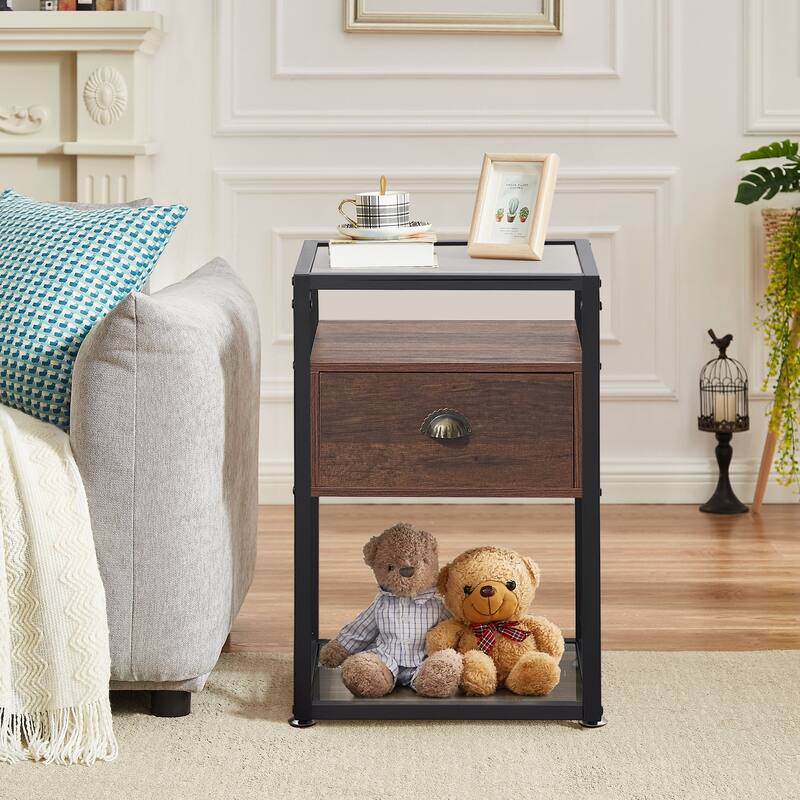VECELO (Set of 2) Modern 1-Drawer Nightstand with 2-tier Glass Shelves