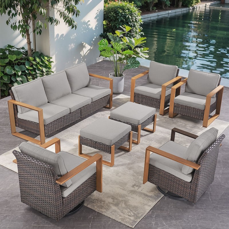 Pocassy 7 Pieces Outoor Patio Sofa Swivel Chair Ottoman Set - Gray cushion - Brown Wicker