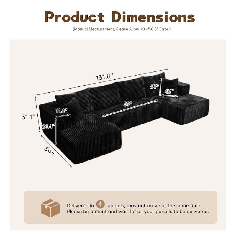 132.2" U-shaped Corduroy Sectional Sofa, No Assembly Required
