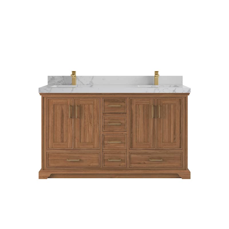 Willow Collections 60 in. W x 22 in. D Charlotte Teak Double Sink Bathroom Solid Teak Vanity with Countertop - 2”Venatino - Dark Natural