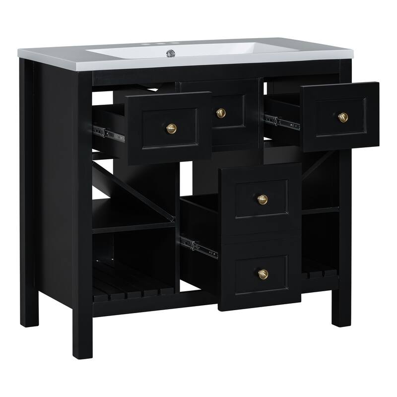 36" Bathroom Vanity with Resin Sink, 5 Drawers, Soft-Closing Doors, and Ample Storage - Freestanding Cabinet in Blue