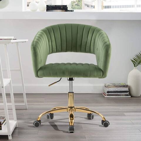 Velvet Upholstered Swivel Adjustable Height Home Office Task Chair With Gold Legs