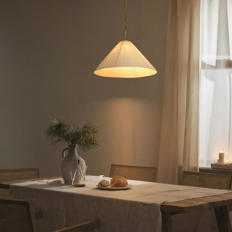 Rennnsan 1-Light Modern Brass Pleated Cone Pendant for Dining Room & Kitchen - 22 in. W x 16.5 in. H