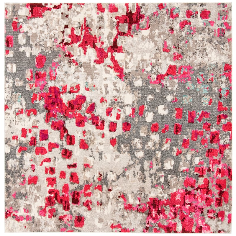 SAFAVIEH Monaco Panna Boho Abstract Modern Watercolor Area Rug - 6'7" Square - Grey/Fuchsia