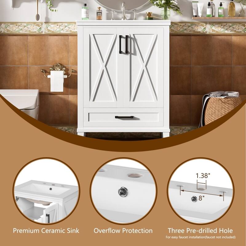24" Bathroom Vanity with Single Sink, 2 Soft-Close Doors, 1 Divided Drawer, Dual Storage Shelves