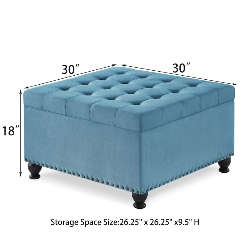 Upholstered Square Storage Ottoman with Wood Legs and Nail Trims