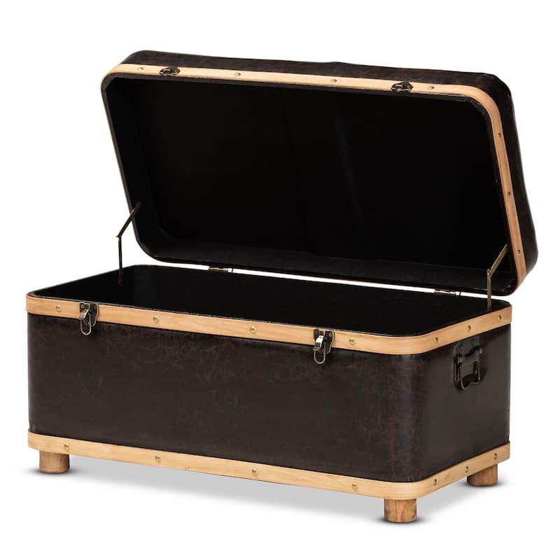 Gendry Modern Rustic Faux Leather and Wood Storage Ottoman Large
