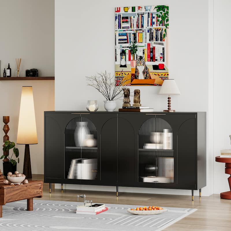 Accent Cabinet Lacquered Wooden Cabinet with 4 Glass Doors Sideboard Buffet