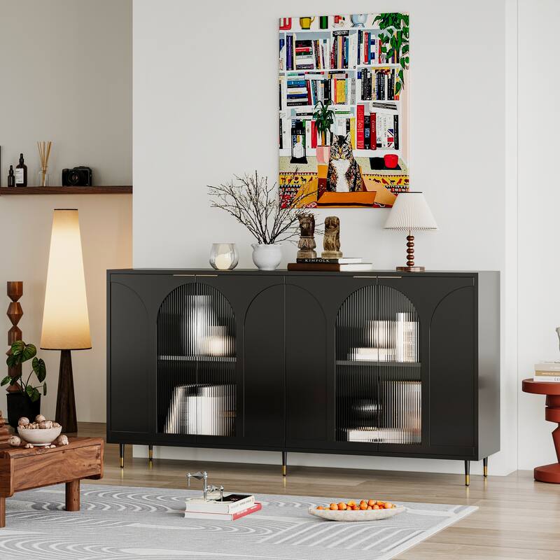 Black Sideboard Buffet Server Cabinet TV Console Table w/ 4 Glass Doors, Hallway Cabinet Adjustable Shelf Accent Storage Cabinet - Black