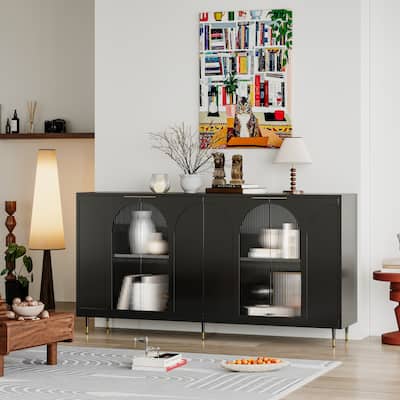 Black Sideboard Buffet Server Cabinet TV Console Table w/ 4 Glass Doors, Hallway Cabinet Adjustable Shelf Accent Storage Cabinet